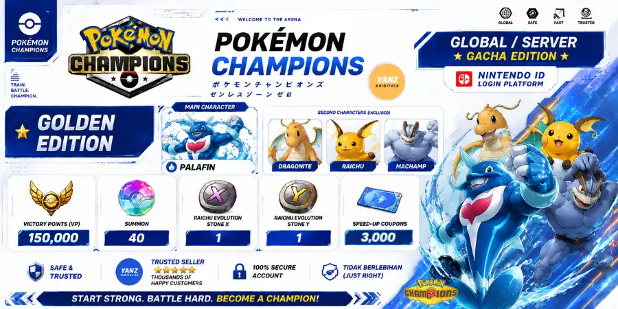 Account Pokemon Champions | Palafin + 150000 Victory Points + Dragonite, Raichu, Machamp + 1 Raichu X 1 Raichu Y + 3000 Coupons