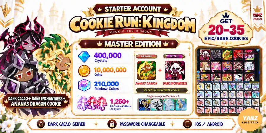 [Dark cacao] Conta Cookie Run Kingdom | 400000 Cristais + 210000 Cubos + DCC + Dark Enchantress + Ananas Dragon Cookie + 1.2K+ Cortadores