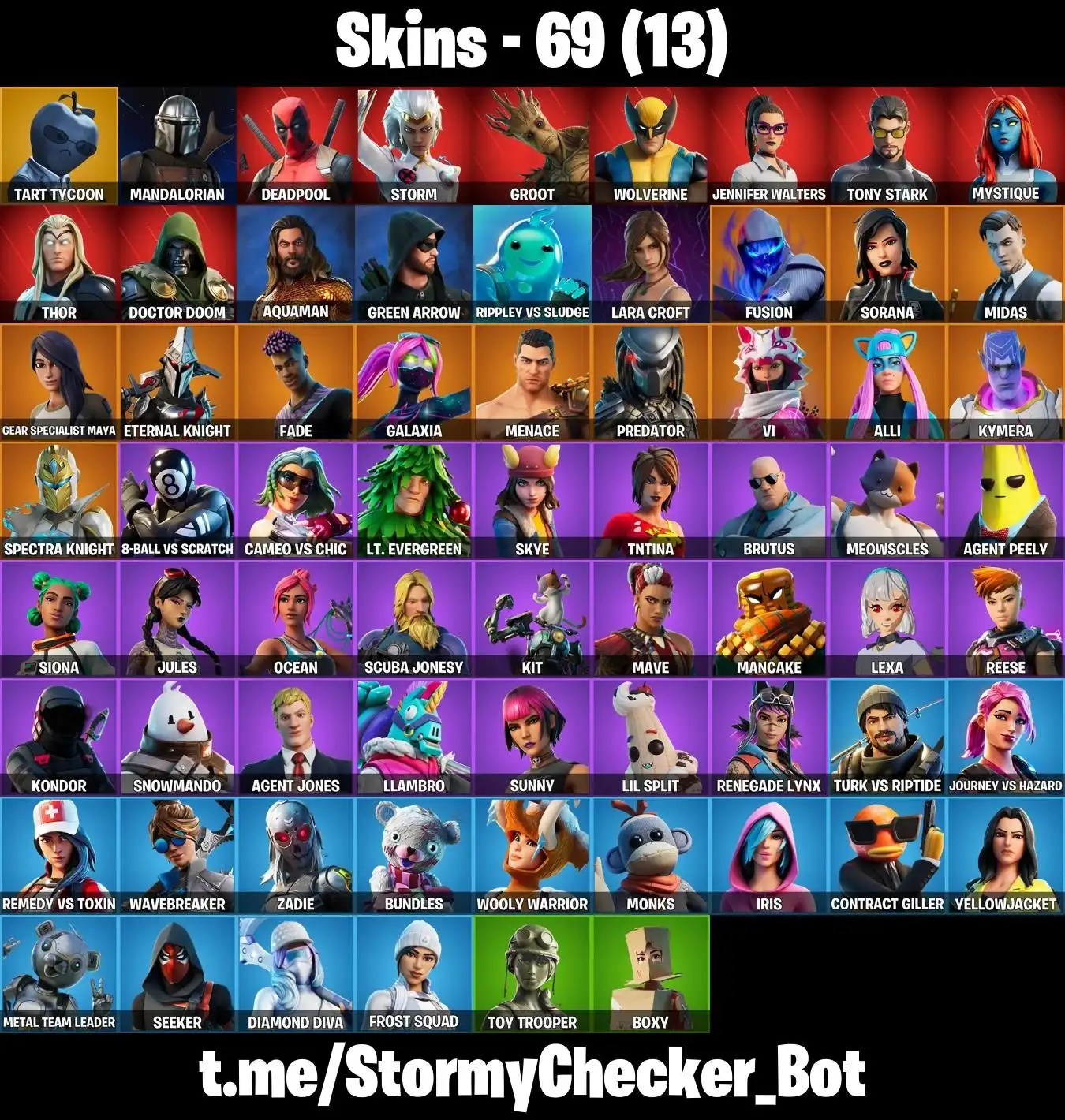 69 Skins ⭐ Tart Tycoon ⭐ Lara Croft ⭐ Mandalorian ⭐ Aquaman ⭐ Marvels ⭐ Midas ⭐ VI ⭐ Mjolnir ⭐ Astroworld Cyclone ⭐ Rage ⭐ Out West ⭐ Rollie ⭐ FA