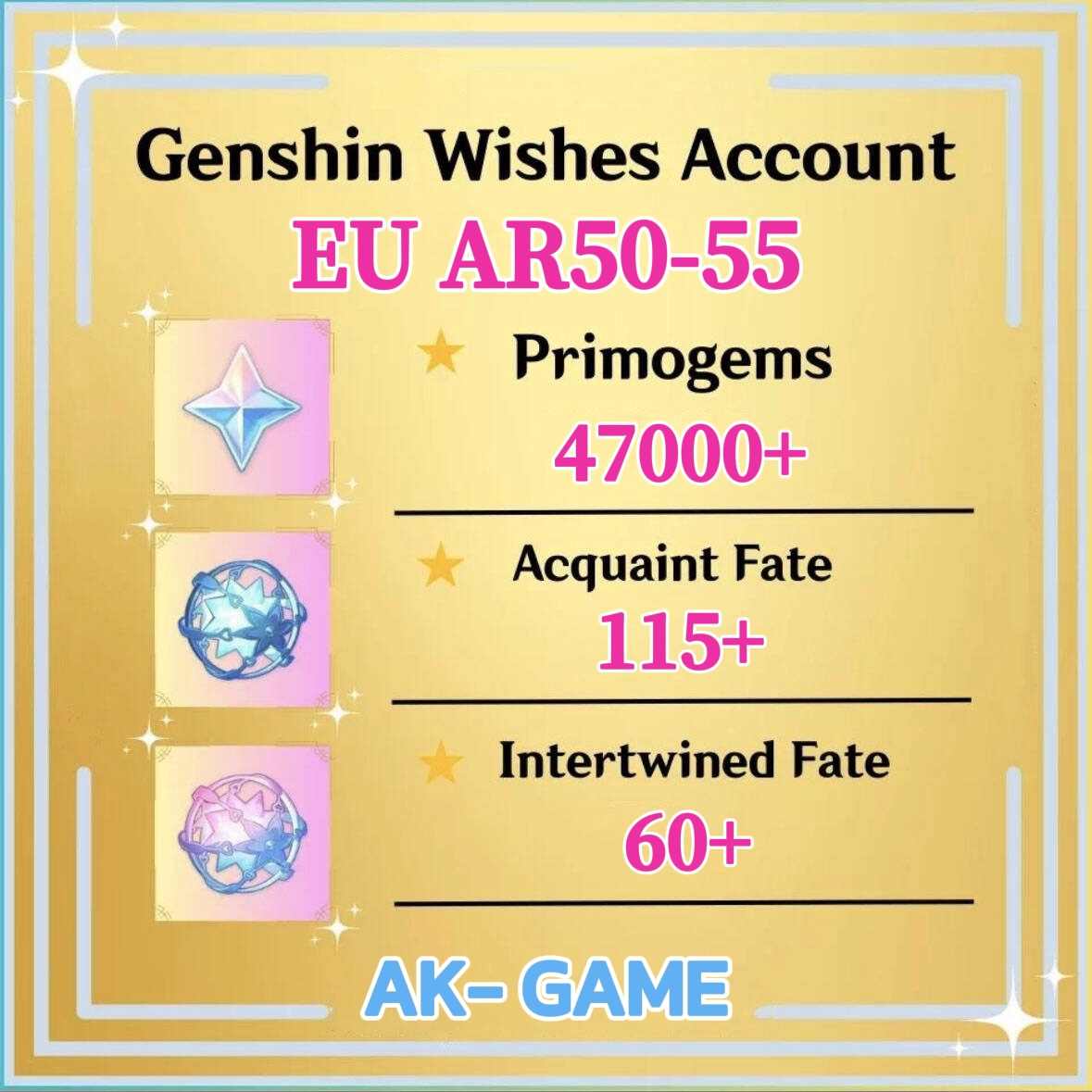 EU Primogems 47000 Acquaint Fate 115 Intertwined Fate 60 Male or Female Protagonist iOS/Android/PC/Xbox/PS Starter Wish Reroll