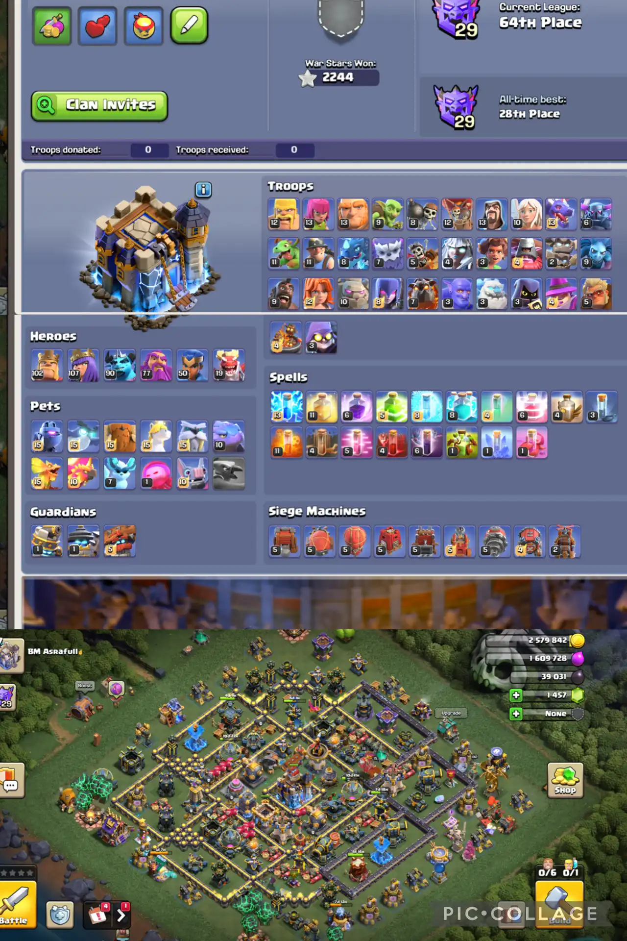 🏰 TH18 FAST MAX | 👑 HELD [102/107/90/77/50/19] | 🎭 18 HELDEN-SKINS | ⚔️ 14 EPISCHE AUSRÜSTUNGEN | 🐾 8 MAX HAUSTIERE | 💎 MAX BAUERBASE