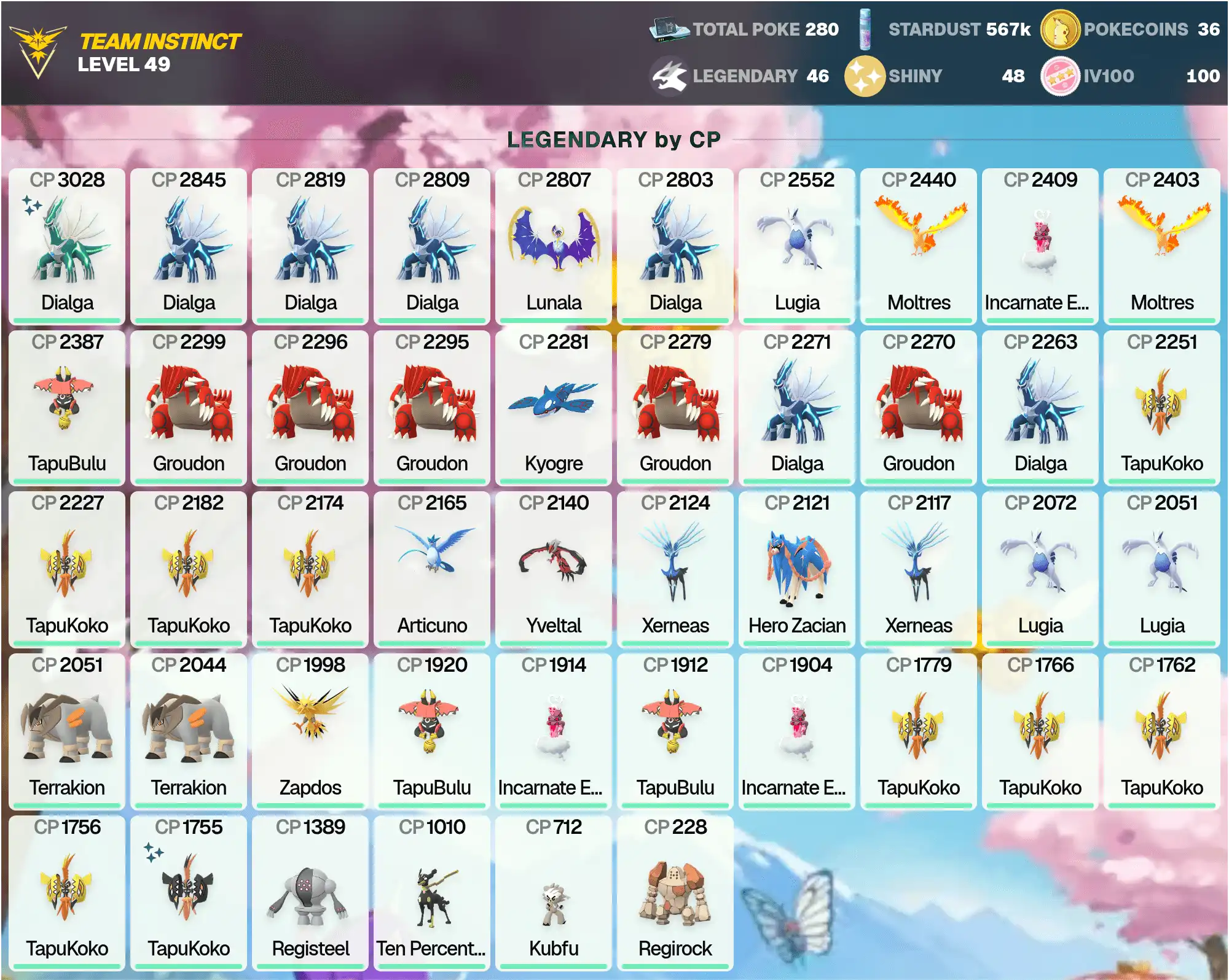 Shiny Dialga 3K ~IV100 MEGA Garchomp 5K ~IV100 Metagross CP 3520 ~Legendary: 46 ~Shiny: 48 ~Hundo: 100 ~Shiny Tapu Koko ~PG-DKMWR ~[CNL]