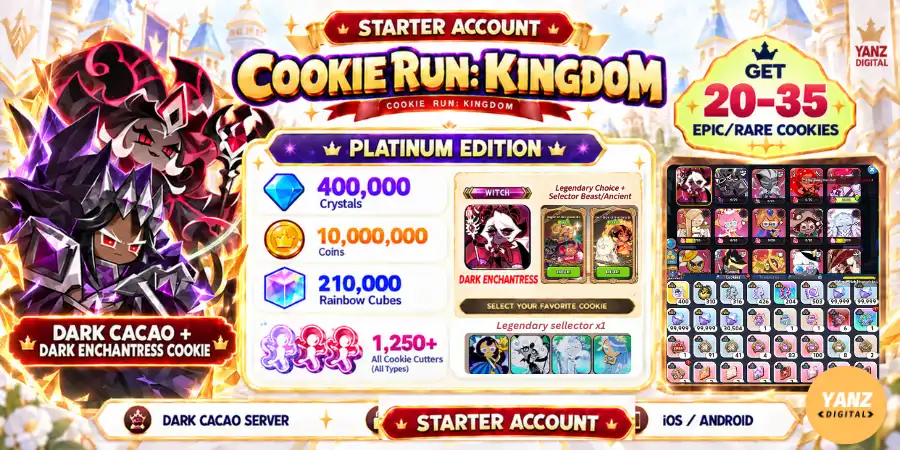 [Dark cacao] Conta Cookie Run Kingdom | 400000 Cristais + 210000 Cubos + DCC + Dark Enchantress Cookie + 1.2K+ Cortadores