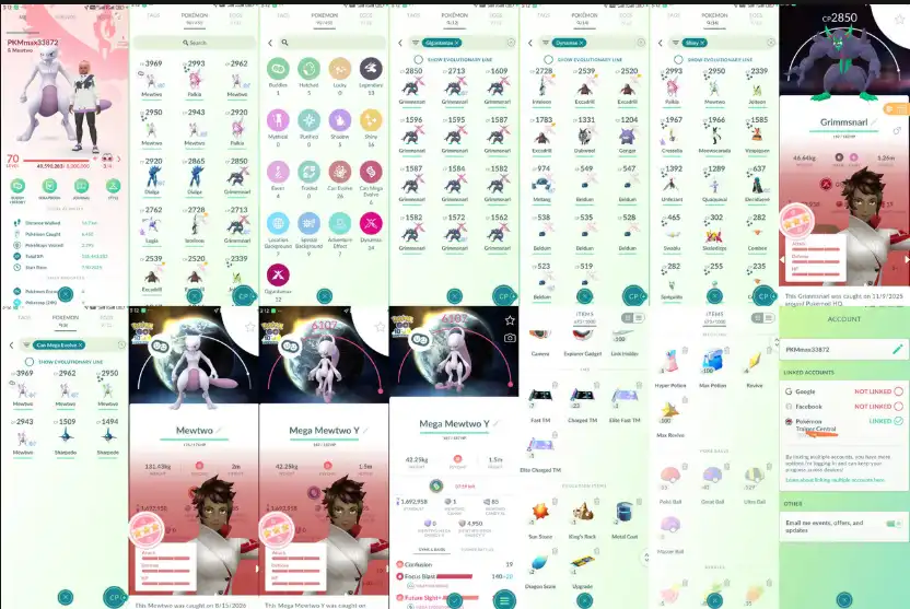 [Mew-L70] Cuenta de nivel 70 con 135M de EXP, fondo de Mewtwo Mega Y Hundo de CP6100, 1,6M de polvo de estrellas, Grimmsnarl Gigantamax Hundo de L40